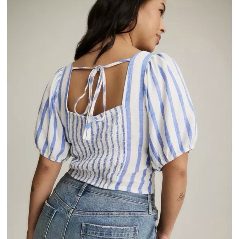 Torrid Plus Size Striped Crop Puff Shoulder Top Women 2X White Blue Preppy Beach - Picture 11 of 11